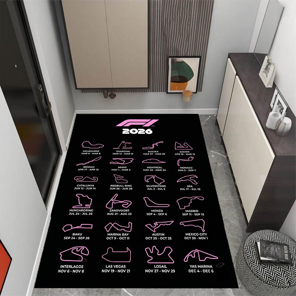 2026 Formula 1 Calendar Themed Anti-Slip Rugs - Polyester Home Decor, Suitable for Bedrooms, Living Rooms, Doorways, Studios, and Decorations