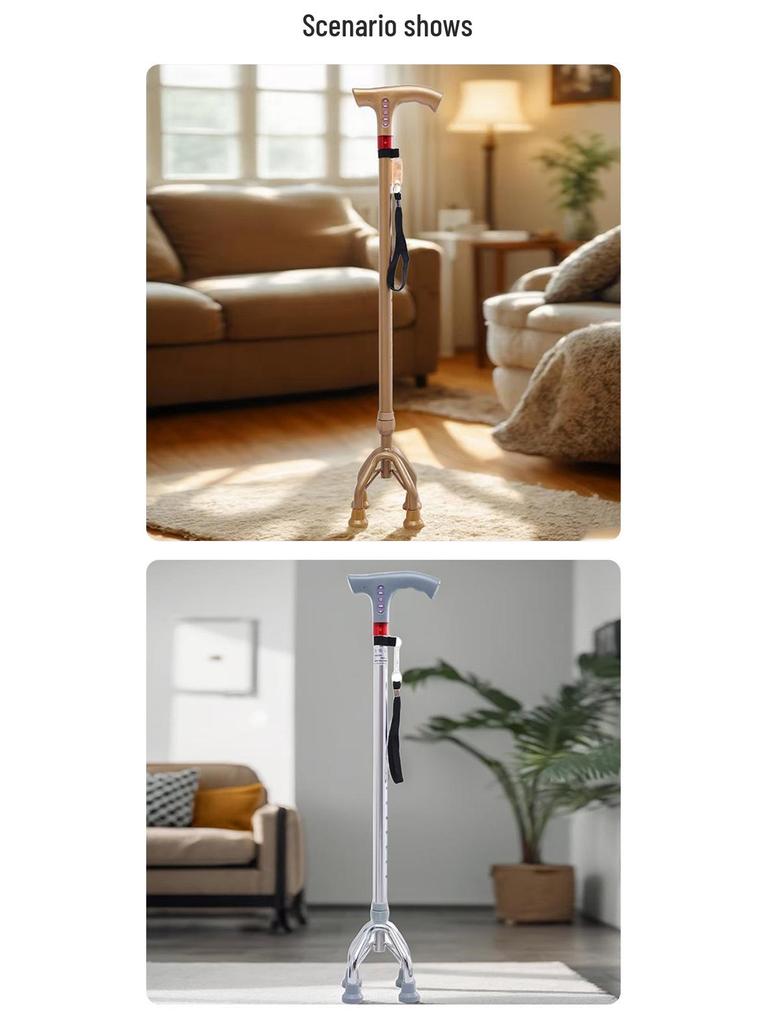 Smart Multi-Functional Telescopic Cane with Radio, Non-Slip Grip, LED Light, and Four-Legged Aluminum Alloy Base for Seniors.