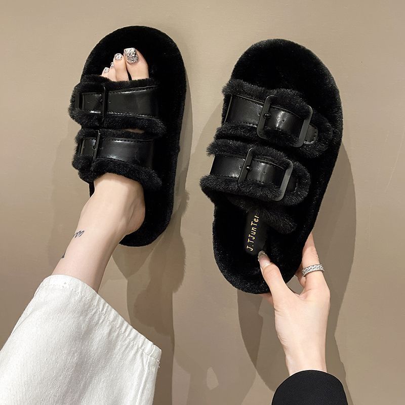 thick-soled white fluffy slippers women wear muffin shoes children's new 2025 Xiaoxiangfeng piled comfortable cotton slippers