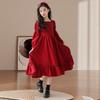 Girls Long Sleeve Dress Red Vintage Square Neck Princess Style Kids Clothing