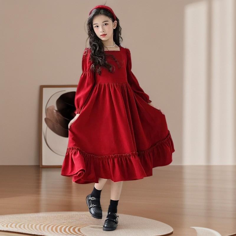 Girls Long Sleeve Dress Red Vintage Square Neck Princess Style Kids Clothing