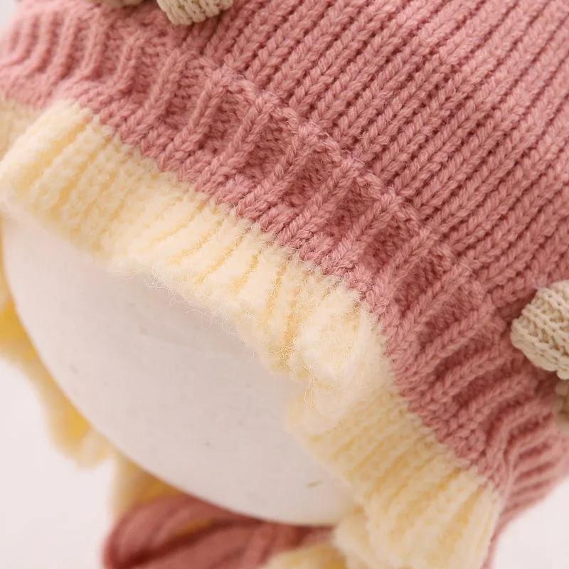 Cute Bow Ruffle Baby Hat Winter Thicken Knitted Warm Infant Lacing Cap Solid Color Newborn Girl Ear Protection Bonnet Beanie