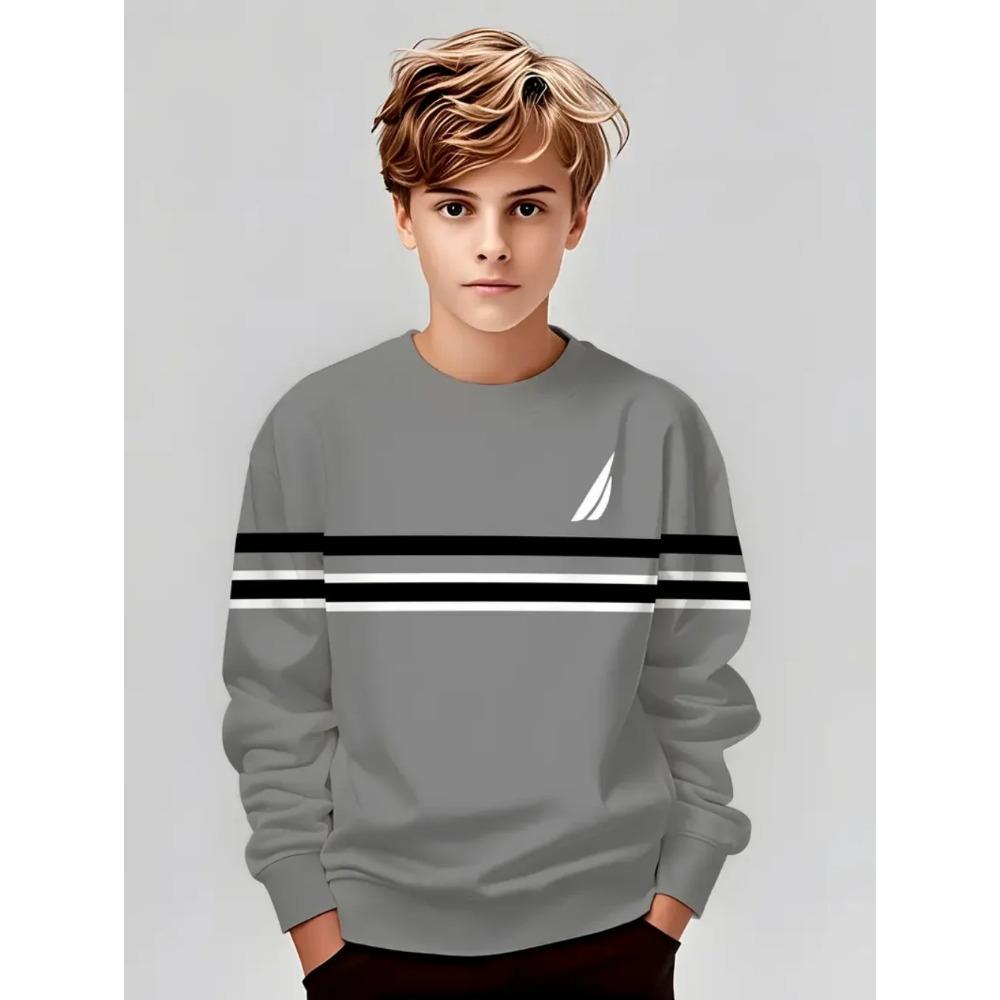 Lente en Herfst Ronde Hals Gestreept Kleurblokkerend 3D Geprint Top Modieus Casual Klassiek Lange Mouw Kinder Jongens T-shirts