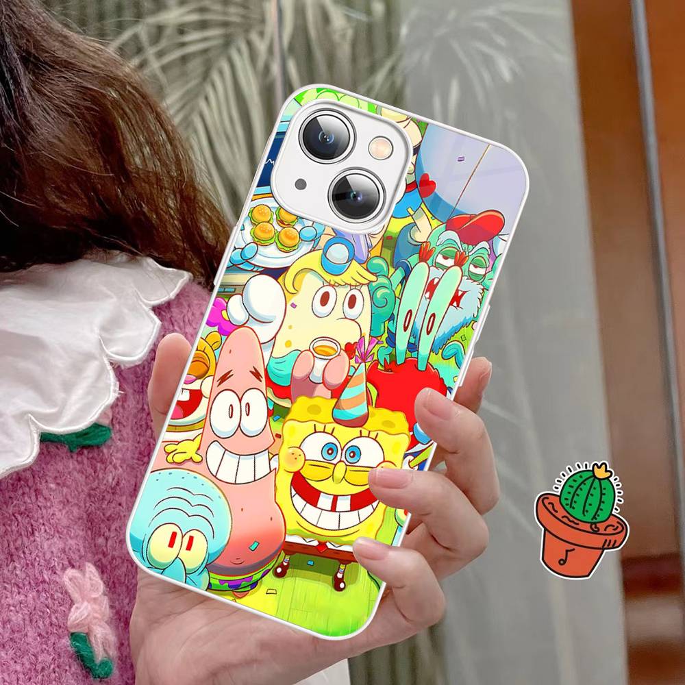 Cartoon Niedlich S-SpongeBob Anime Gehärtetes Glas Für Iphone 14 13 12 11 Pro Mini XS MAX 14Plus X XS XR Hüllen