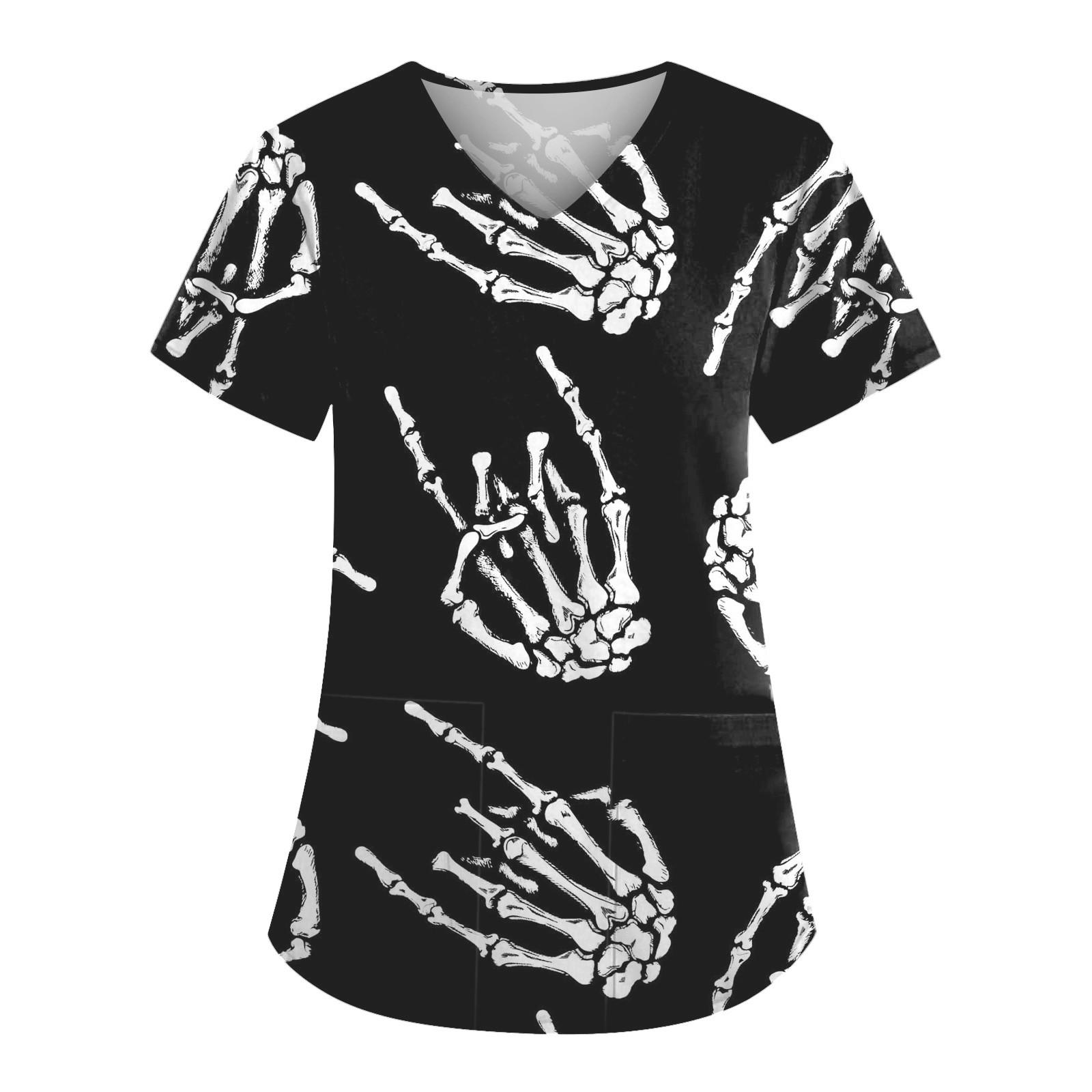 

Plus Size Cute Printed Scrub Working Uniform Tops For Women V-Neck Short Sleeve Fun T-Shirts Workwear Tee With Pockets XL чёрный