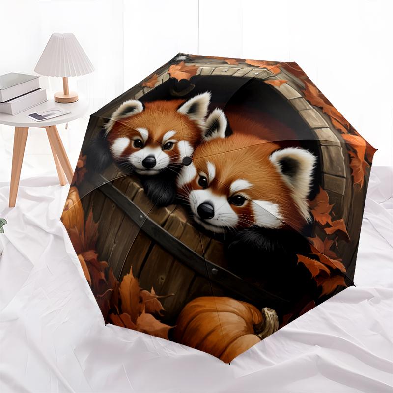Two Red Pandas Pattern, Automatic Folding Umbrella, Portable and Foldable Design, 8 Ribs, a Christmas or Birthday Gift.