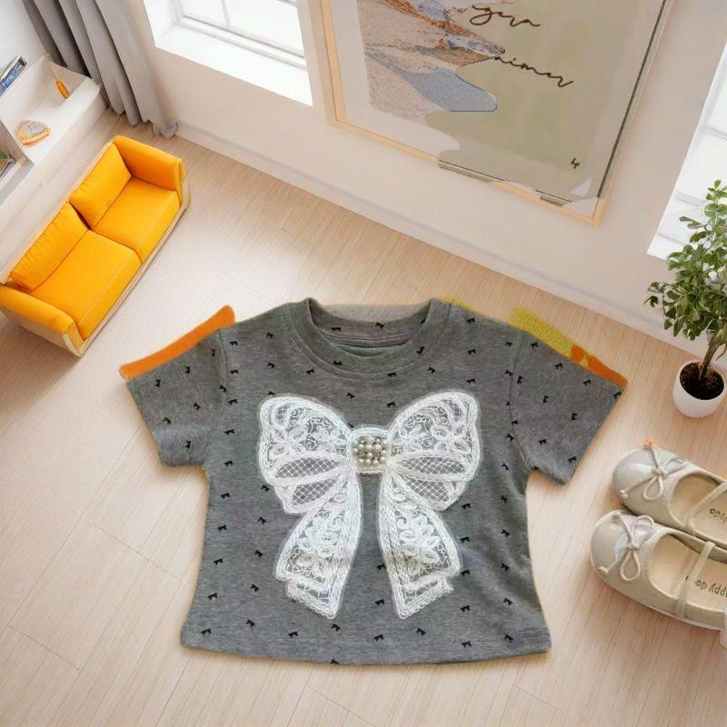 2025 Trendy Summer Baby Girl Gray T-Shirt with 3D Bow & Print