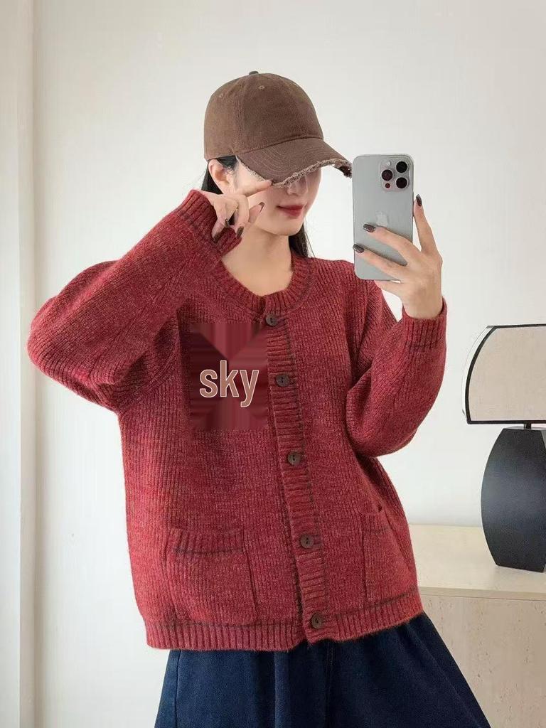 Korean Retro Autumn/Winter Pendant Round Neck Loose Knit Sweater for Women