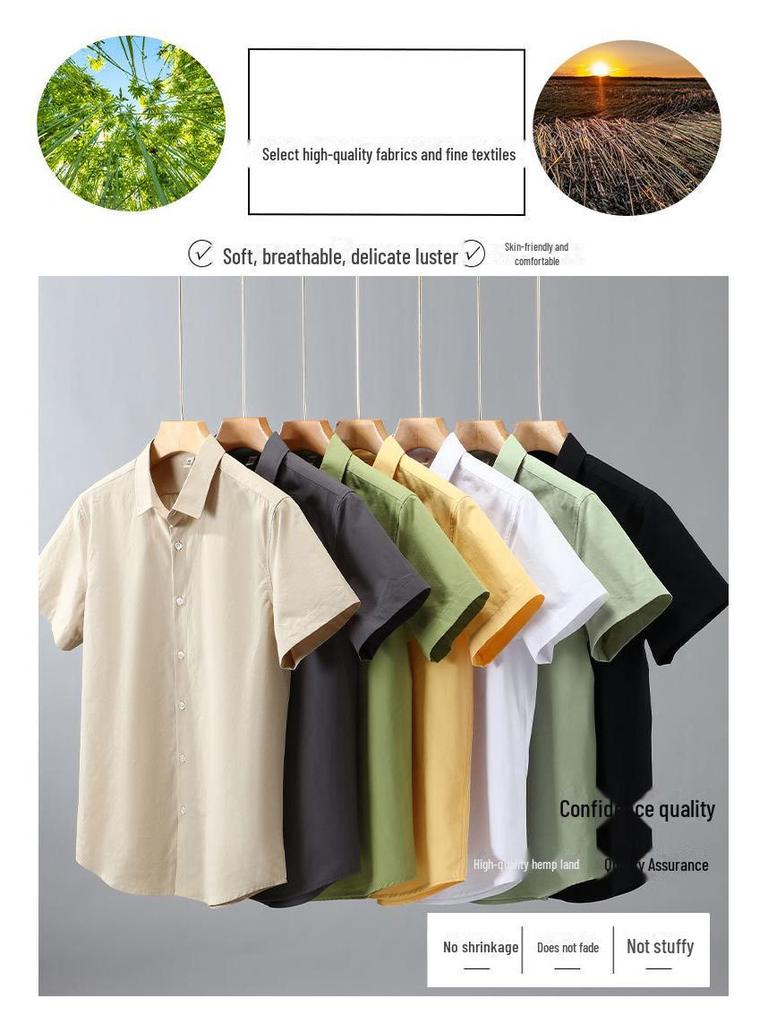 Men's Summer Heavyweight White Short-Sleeve Cotton Shirt - Solid Color Casual Lapel Design