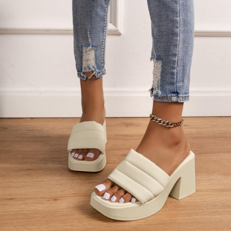 Womens High Heel Sandals for Outdoor Wear French Style Minimalist Casual Versatile Chunky Heel One Band Slippers Comfortable Chunky Heel