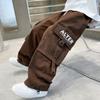 Child Cool Brown Cargo Pants with Side Pocket for Boy Loose Fit Sporty Drawstring Trousers Kids Hiphop Sweatpants