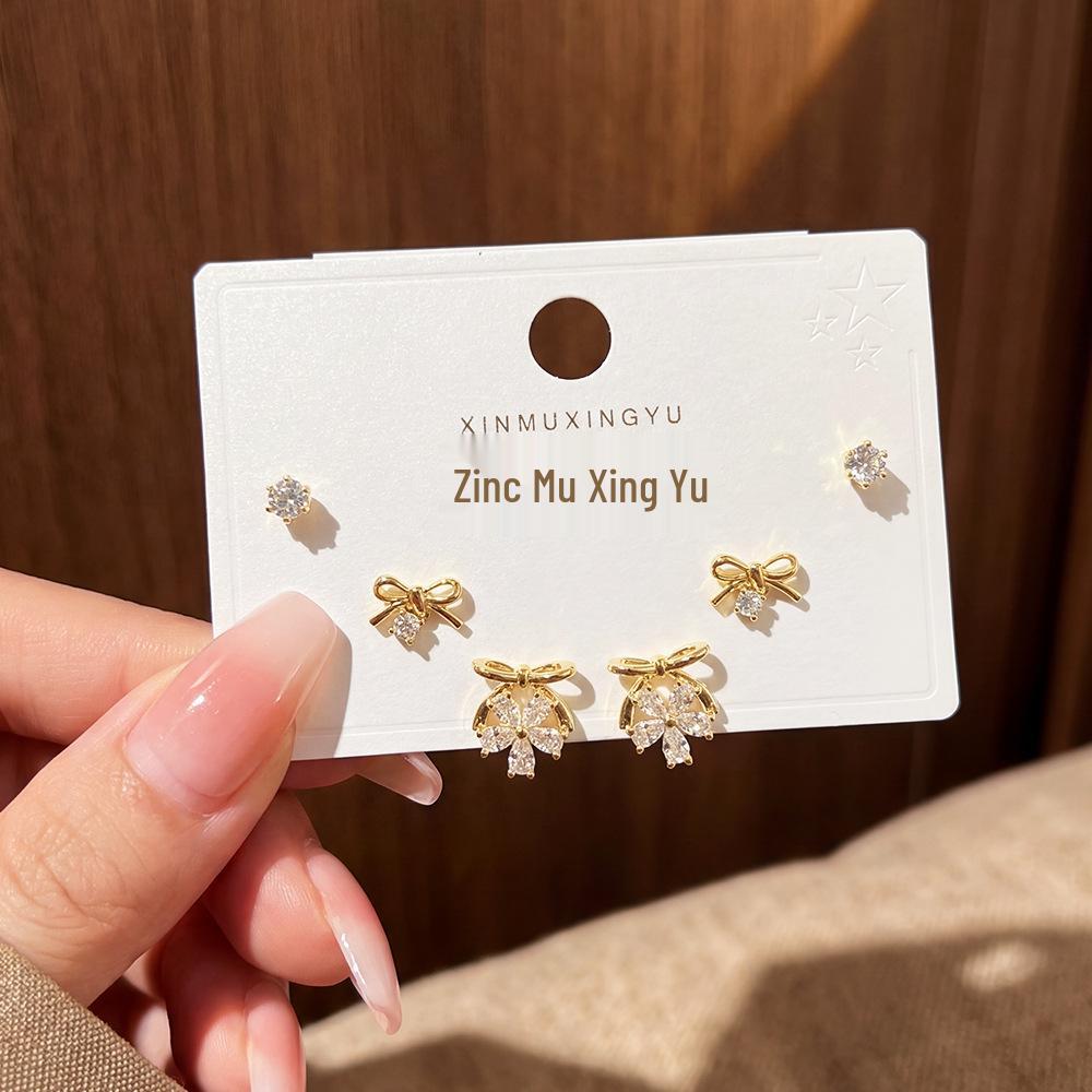 Elegant Diamond Flower  Bow Stud Earrings - Sparkling Luxury Accessories Thick Real Gold Electroplating