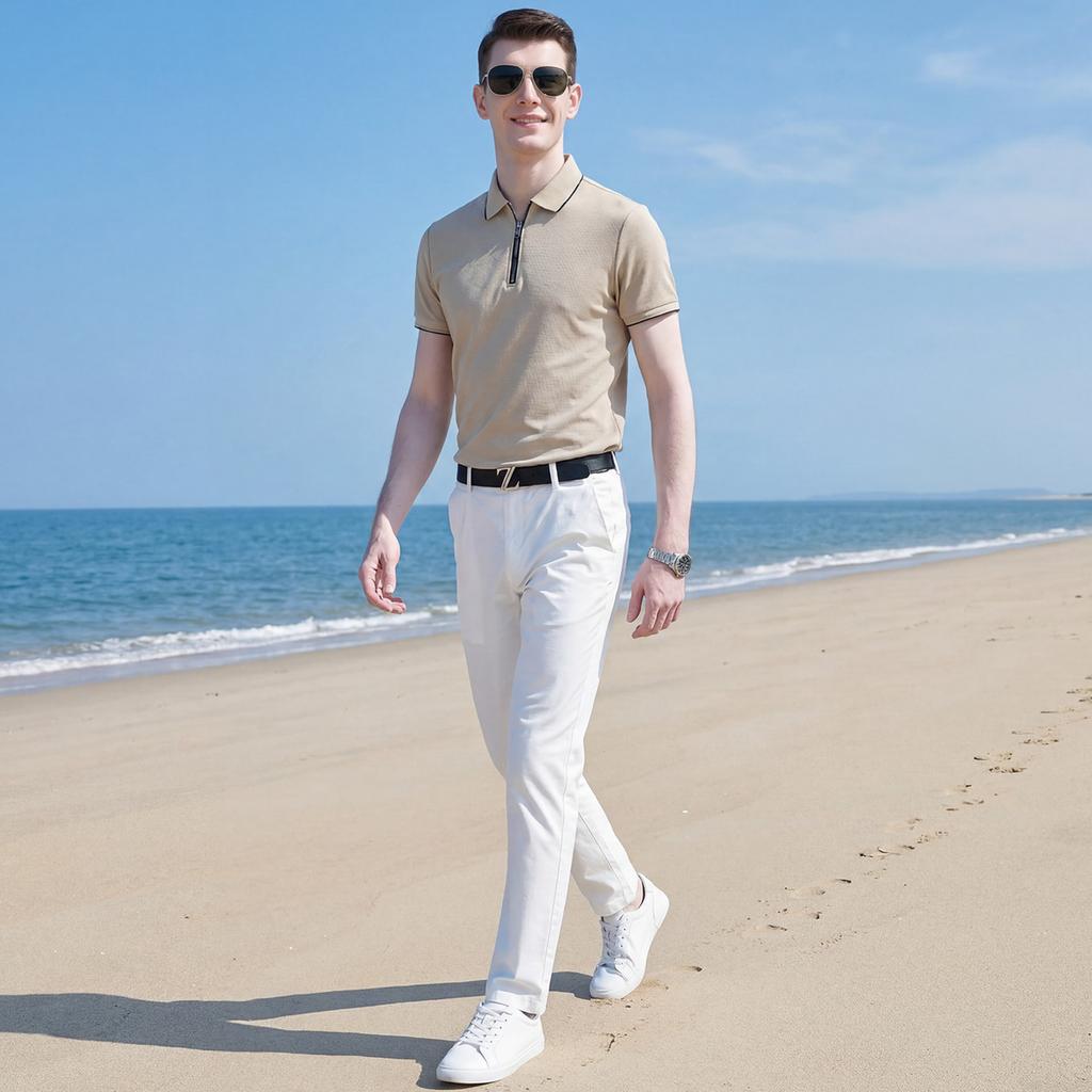 Light luxury casual summer short-sleeved T-shirt with mulberry silk and golden wool, men's zipper collar polo shirt