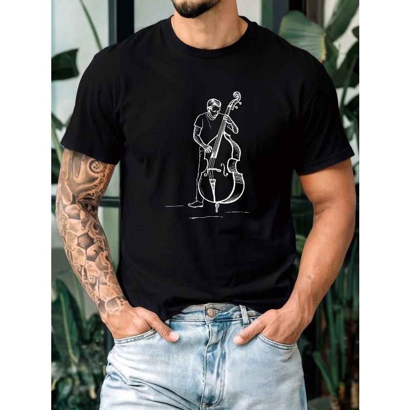 Men'S Short-Sleeve Round Neck T-Shirt Featuring a Double Bass Player, Made from Micro-Elastic Material. This Printed T-Shirt Offers a Regular Fit