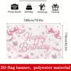 Pink Happy Birthday Banner Backdrop Bow Pearls Petals Marble Polyester