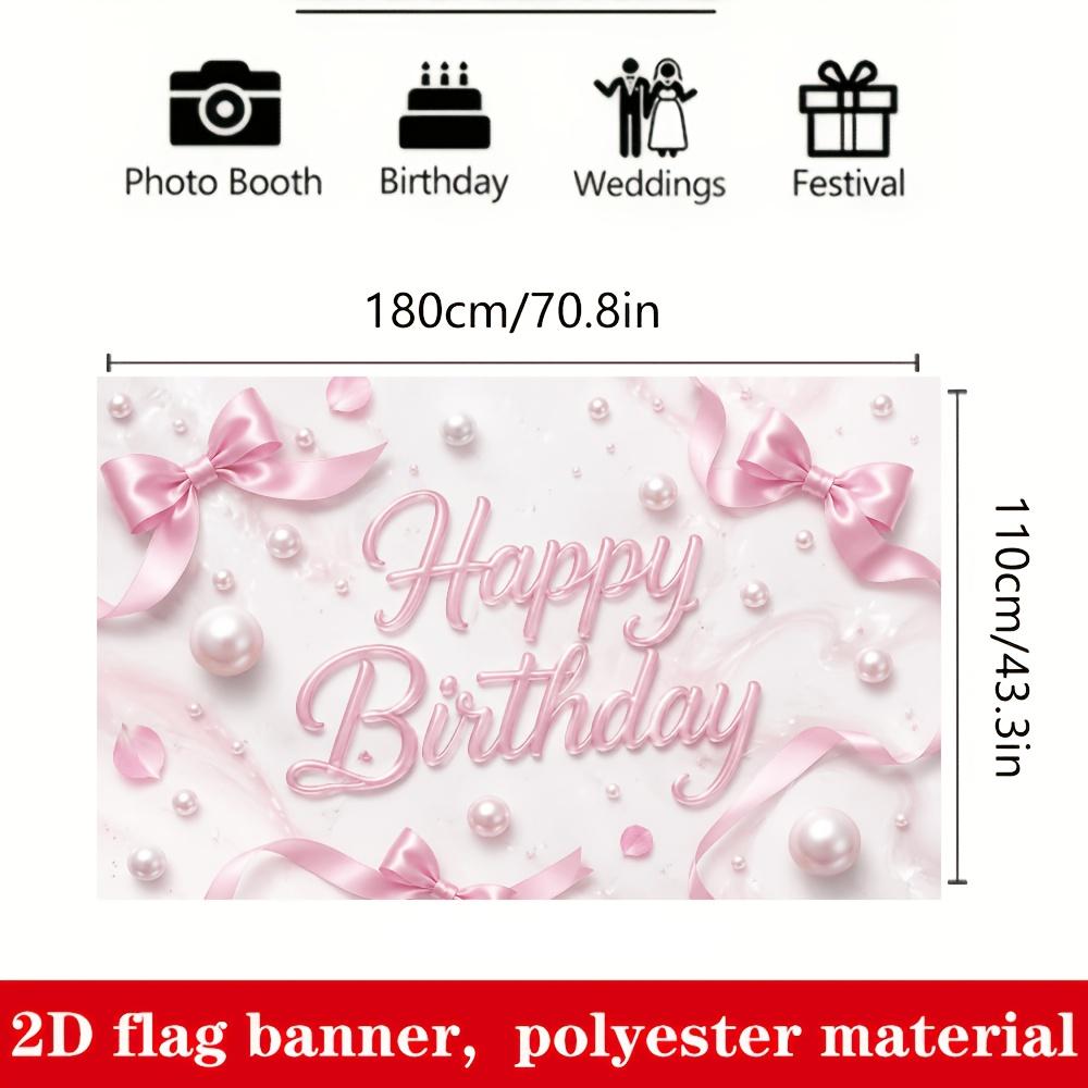 Pink Happy Birthday Banner Backdrop Bow Pearls Petals Marble Polyester