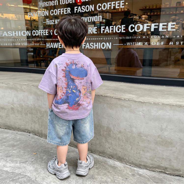 2026 Boys Summer Set: Cartoon Dinosaur T-Shirt + Distressed Denim Shorts 110 cm