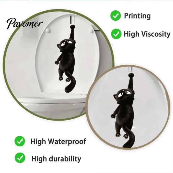 Waterproof Toilet Seat Decor Furry Black Cat Sticker, PVC Bathroom Decal, Removable Easy Peel Stickers Cute Animal Wall Art for Tank And Lid