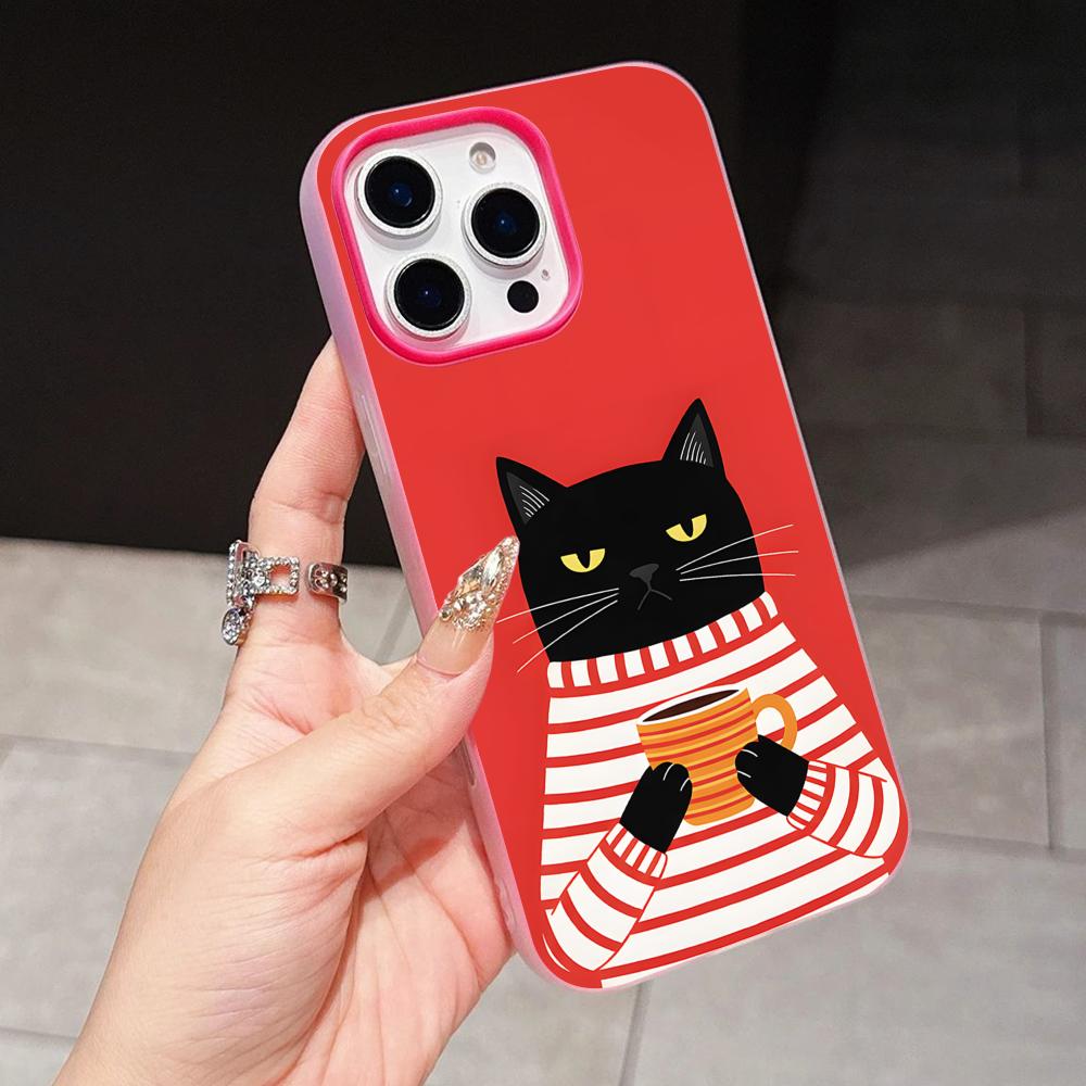 Cute Coffee Cat Jelly Double layer Rose Red Mobile Phone Case for iPhone 17 16 15 14 13 12 11 Air Pro Max Plus Protective