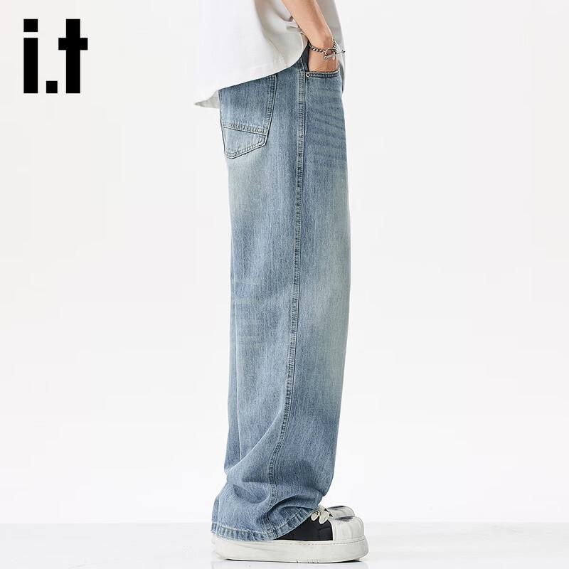 izzue it Men's American Retro Light Wash Loose Straight Leg Jeans