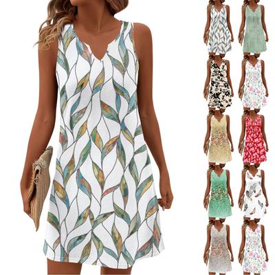Women Summer Dresses V-Neck Print Sleeveless Sundress Casual Dress