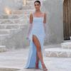 Damen Mode Sexy Rückenfrei Hoher Schlitz Spaghettiträger Langes Abendkleid