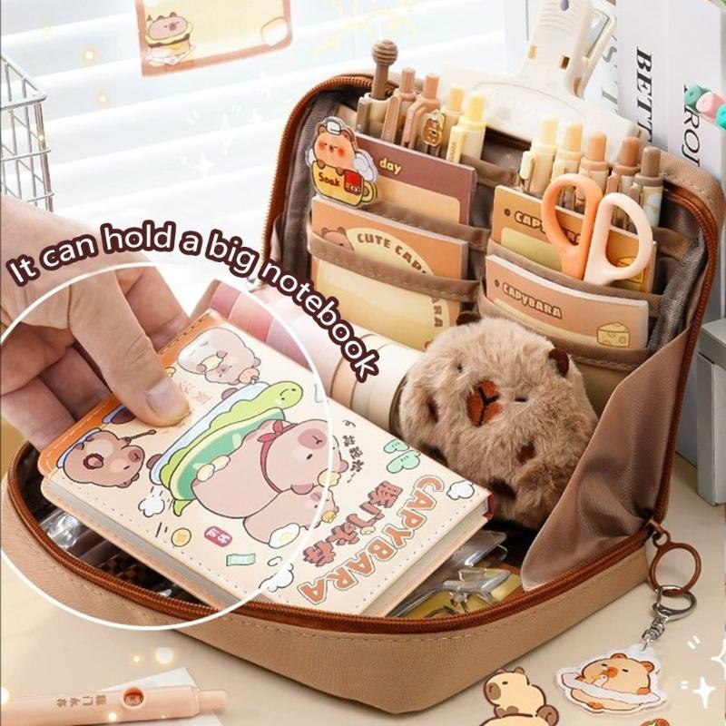 9Pcs Capybara Student School Stationeries With Large Pencil Case Eraser Pen Paper Clamp Highlighter Pen Ruler Sticker