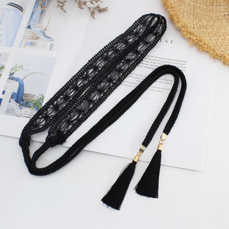 New Women's Knotted Waist Chain: Korean Braided Tassel & Lace Cotton Waist Rope Dress Accessory