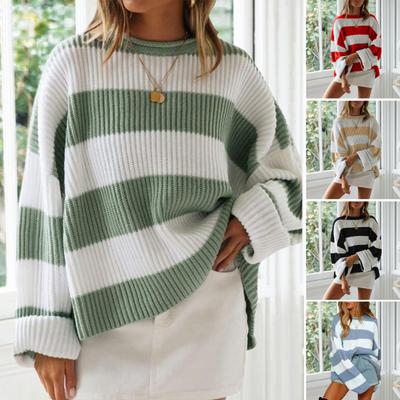 Women Pullover Sweater Wide Striped Color Block Crew Neck Long Sleeve Ribbed Cuffs Oversized