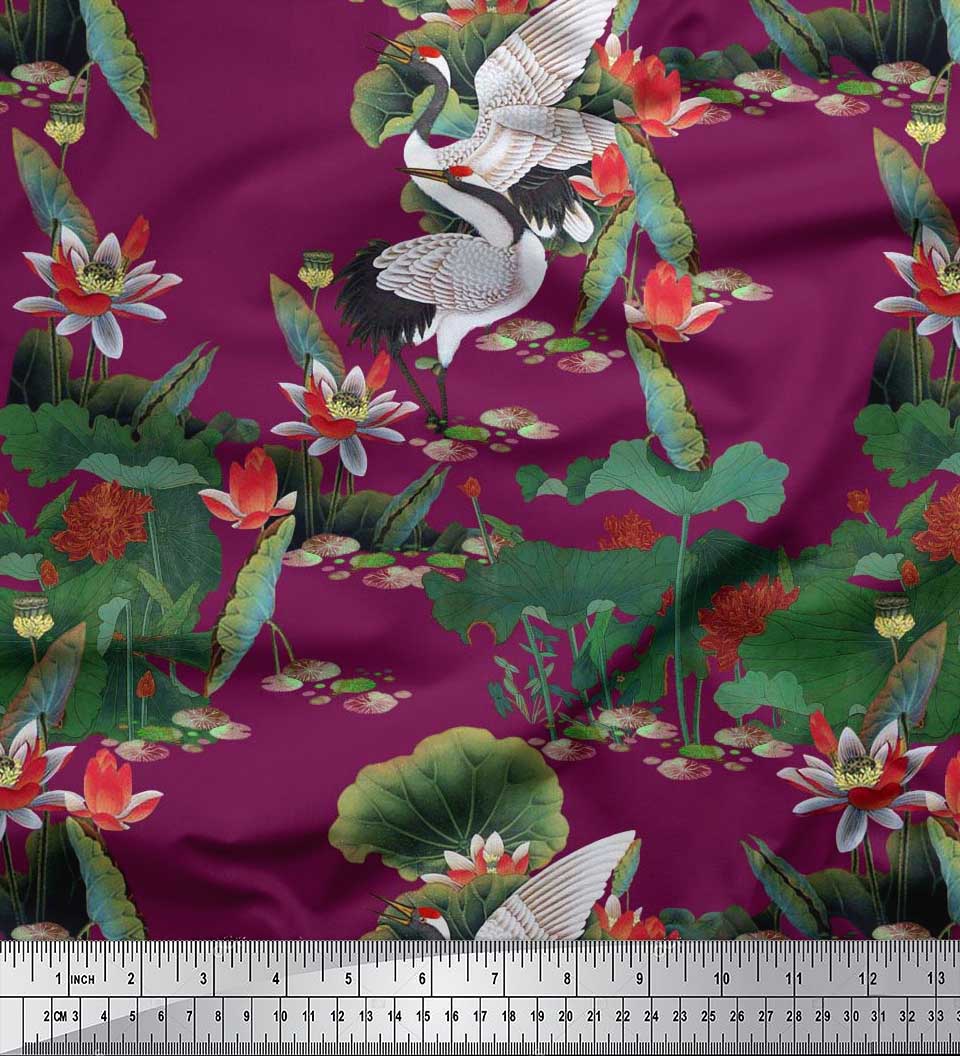 

Ткань для рукоделия Soimoi Japan Crepe Satin Sandhill Crane, Leaves & Lotus с цветочным принтом на метр 42 дюйма 42 Inch Wide - Poly Crepe фиолетовый
