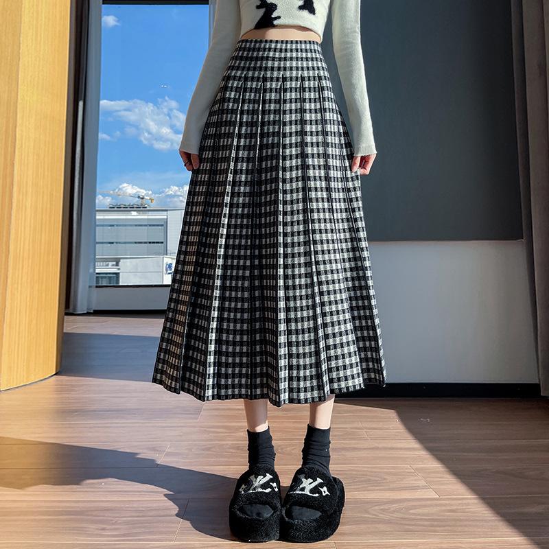 Women's High-Waisted Plaid Pleated Wool Midi Skirt - Fashionable, Slimming, A-Line Design