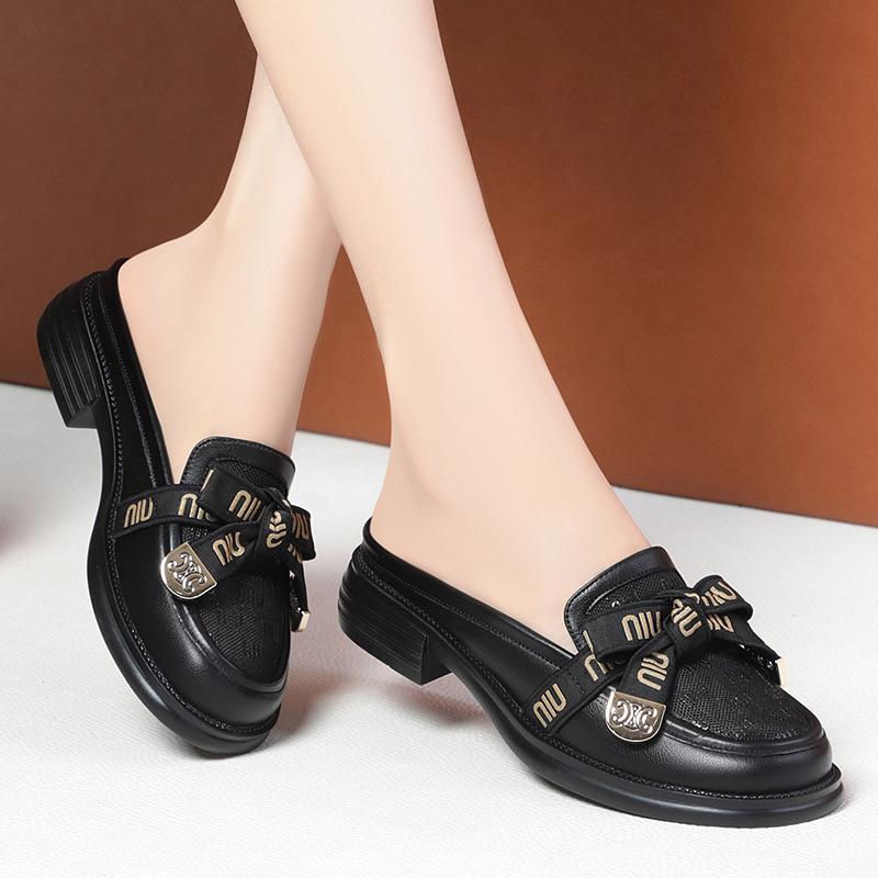 

Модные лоферы Баотоу полушлепанцы женские туфли одинарные 2025 новые летние женские туфли бант полая сетка уличные сандалии модные 36 чёрный