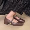 Ретро туфли-лодочки на низком каблуке для женщин, Новая летняя мода, Золотая пряжка, Квадратный носок, Удобные туфли на высоком каблуке