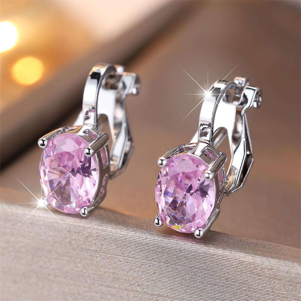 Pendientes de Clip Pequeños Lindos con Piedra Ovalada de Circonita Arcoíris Para Mujeres Pendiente de Compromiso Color Plata Vintage Joyería de Cristal Multicolor