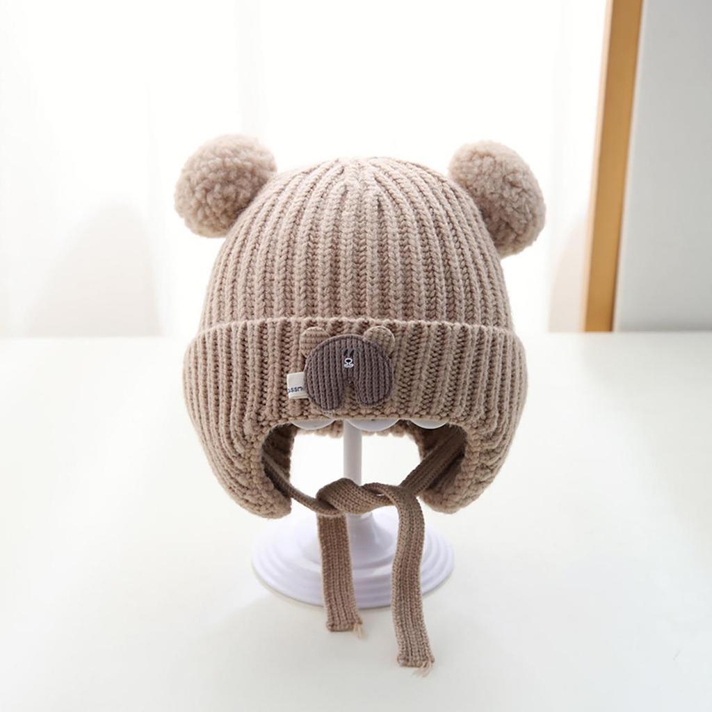 Gorro de punto para bebé con oso de dibujos animados, lindo pompón, gorro infantil con protección para las orejas, invierno cálido, para niños, niñas, niños, con orejeras