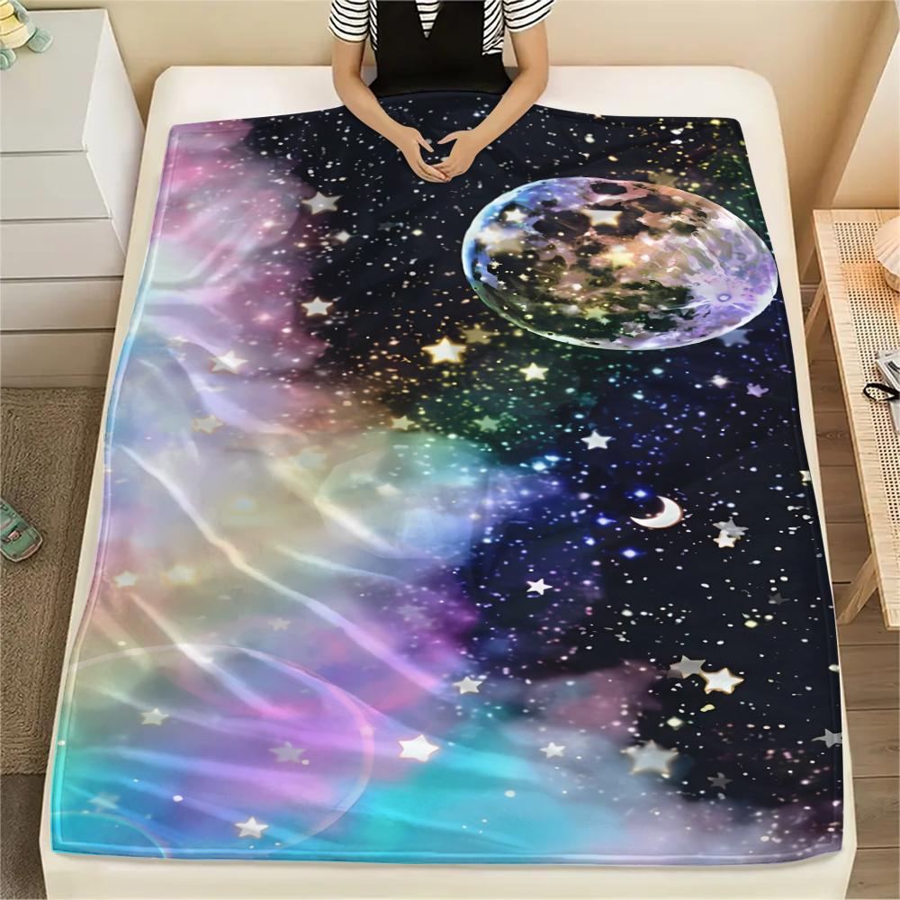 1Pc Galaxy Moon Print Flannel Blanket, High quality Comfortable for All Seasons, Home Decor, Warmth and Comfort, Perfect for Gifts