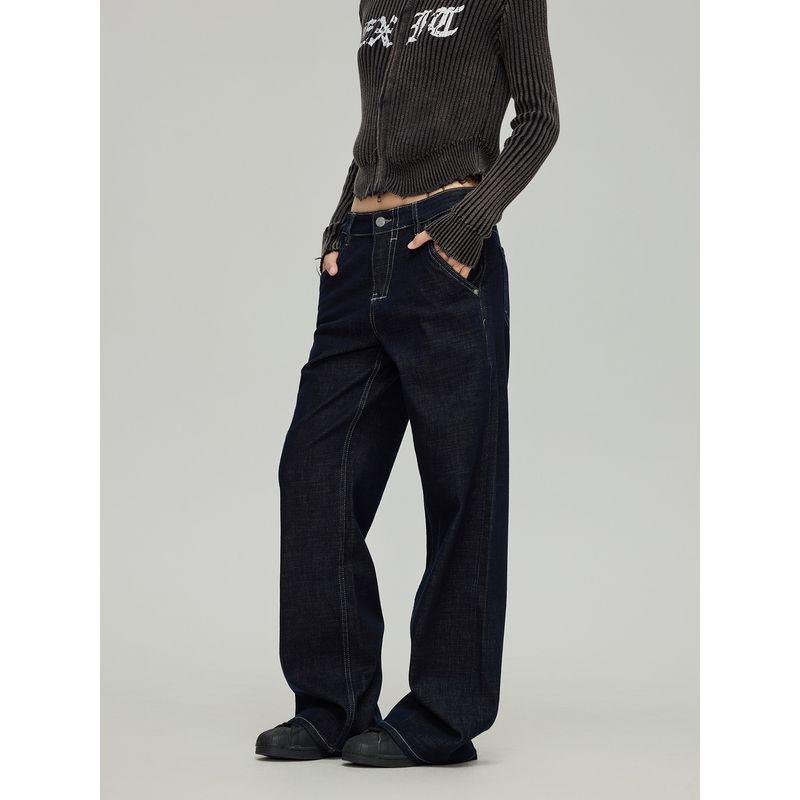 Black of Exit American-Style Raw Denim Curved-Leg Pants for Couples, High Street Loose Fit, Slimming High-Waisted Autumn and Winter Jeans, Trendy