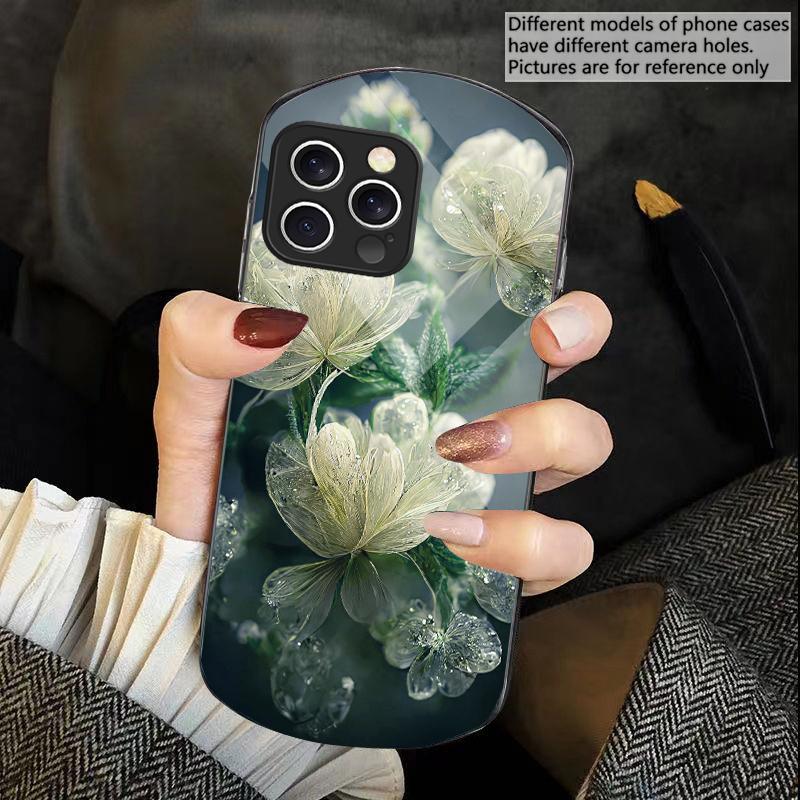 Pink Crystal Flower For iPhone 16 15 14 13 Plus 12 Mini 11 Pro Max XR Xs X 7 8 6 6S 2022 Elliptical Tempered Glass Phone Case