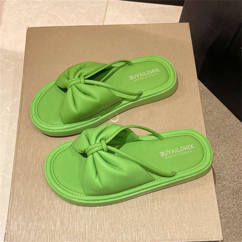 

Bow one-word slippers women s summer wear 2025 low-heeled flat sandals pregnant women s leisure beach comfortable sandals 39 зелёный