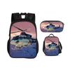 Helicopter Round Front Bag Backpack, Pencil Case, Ice Pack, 3Pcs Set, Mechanical Printing Best Gift for Boys and Girls In School