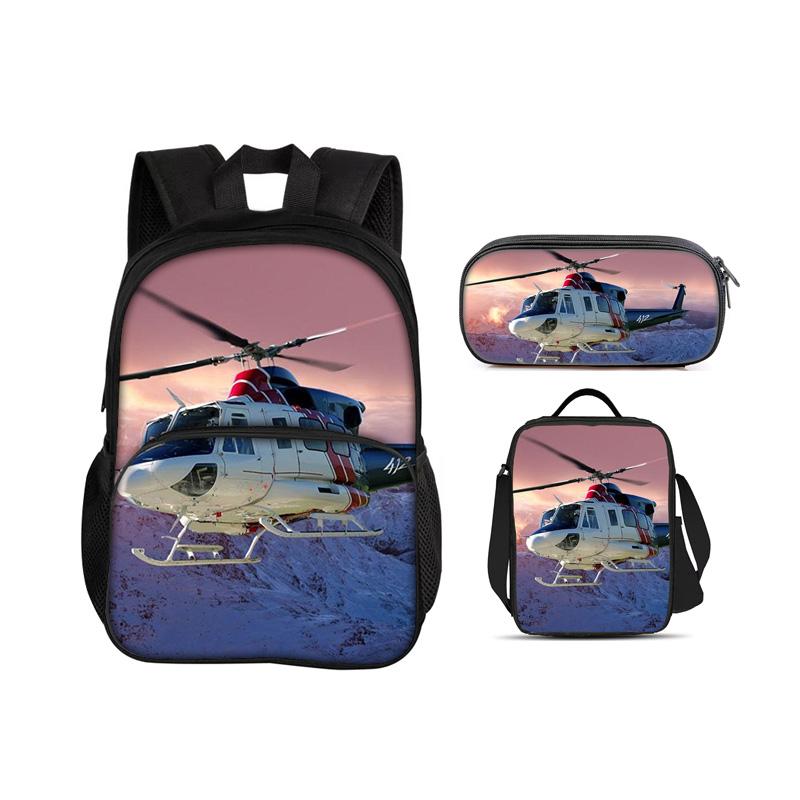 Helicopter Round Front Bag Backpack, Pencil Case, Ice Pack, 3Pcs Set, Mechanical Printing Best Gift for Boys and Girls In School