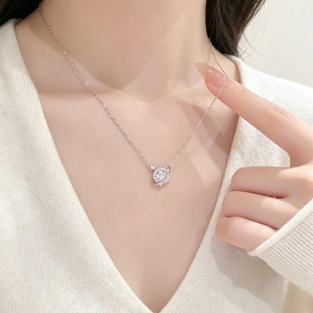 Sparkling Diamond Star Necklace: 999 Sterling Silver, Luxury Zirconia Planet Pendant, Clavicle Chain
