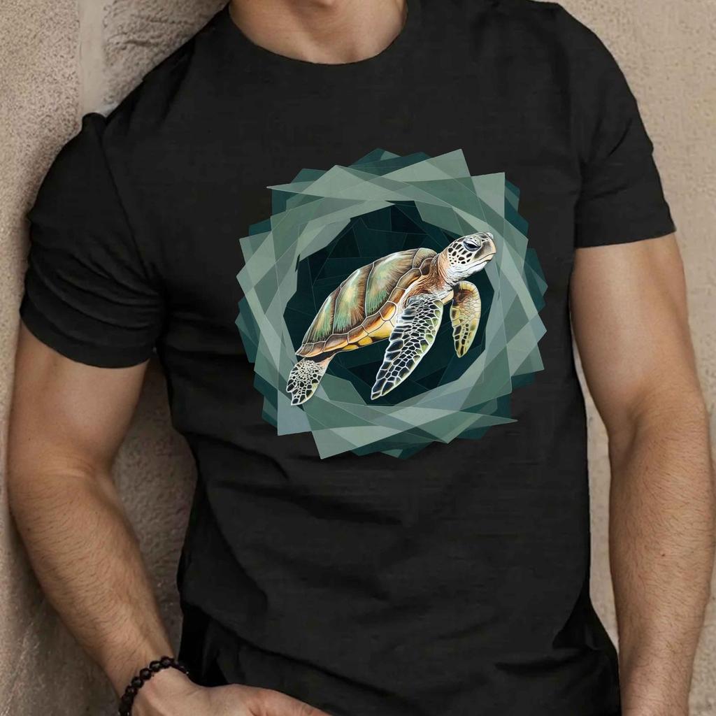 Geometric Sea Turtle Graphic Tee Men Casual Summer Short Sleeve Breathable Cotton TShirt