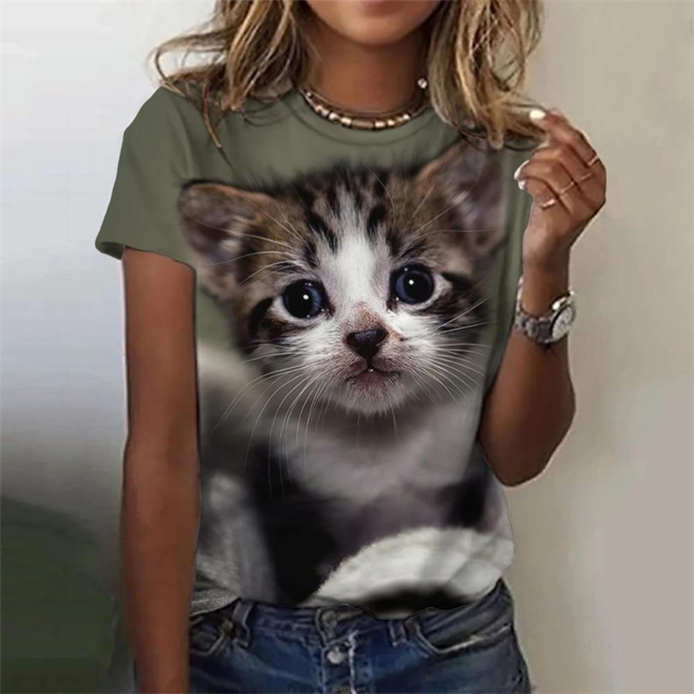 Women's T Shirts Funny 3D Kawaii Cat Print T-Shirts Fashion O-neck Short Sleeve Top Female Y2k Clothing Cute Clothes
