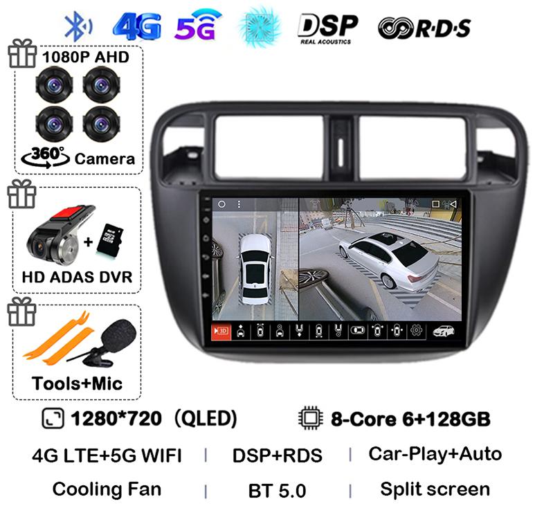 Android 14 Carplay Auto Autoradio WIFI+4G For Honda Civic 1996-2001 Car Radio Multimedia Video Player GPS Stereo 360 Camera WIFI