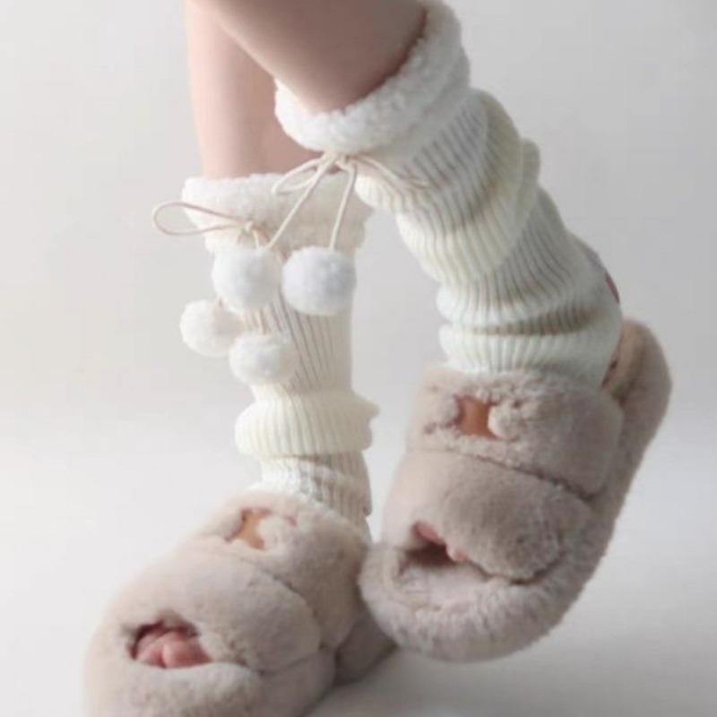 Cute Leg Cover Autumn and Winter Lamb Wool Pom-pom Warm Hairball Socks Cover J Retro Stacking Socks Children