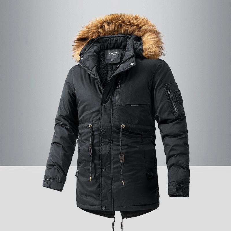 Mid-length Workwear Cotton Coat Winter Men's Thickened Large Fur Collar Hooded Cotton Coat