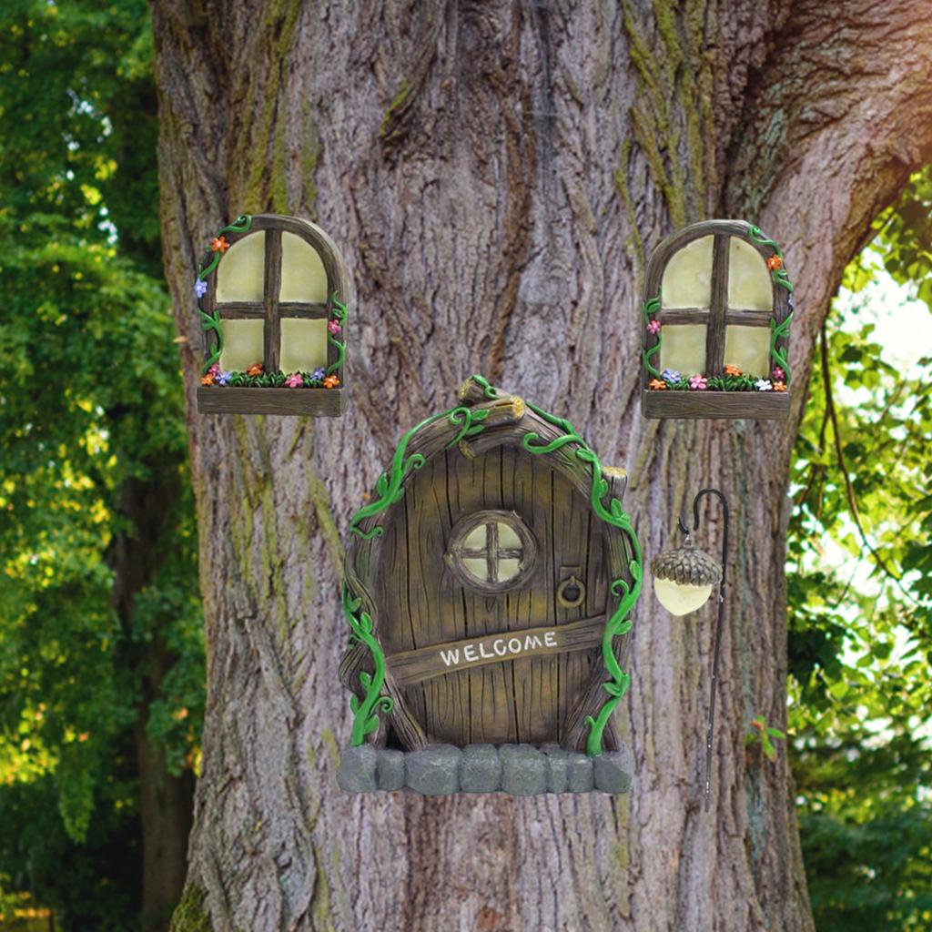 Feengarten Tür Fenster Statue Harz Elfenhof Tür Skulptur Handwerk Ornamente Weihnachtsgeschenke Heimdeko für Hof Rasen
