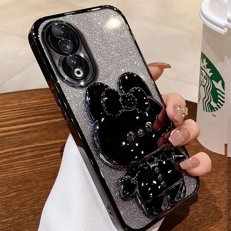 bracket Case For Honor 90 Glitter Mirror Rabbit Holder Soft Case for Honor 90 70 50 Magic5 Lite Pro X8 Shockproof Cover Honor 90&Case & Holder