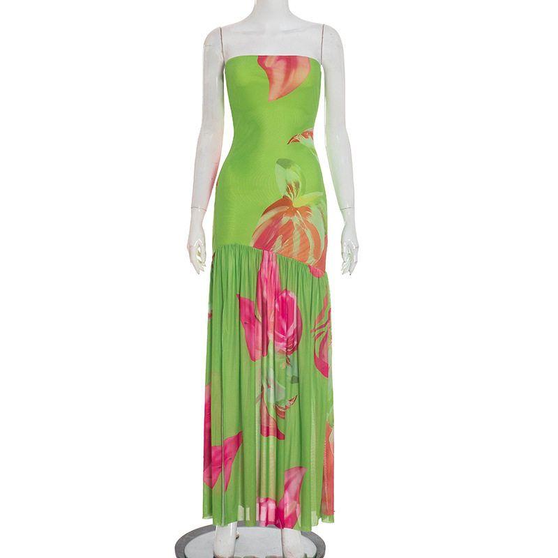 

M24Ds106 European and American Cross-Border Women s Clothing Summer New Sexy Tube Top Tiger Print Slit Slim Long Dress Green M